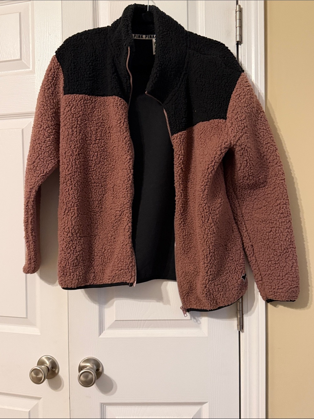 PINK Victoria's Secret Kids Two-Tone Sherpa Jacket - Black & Dusty Rose